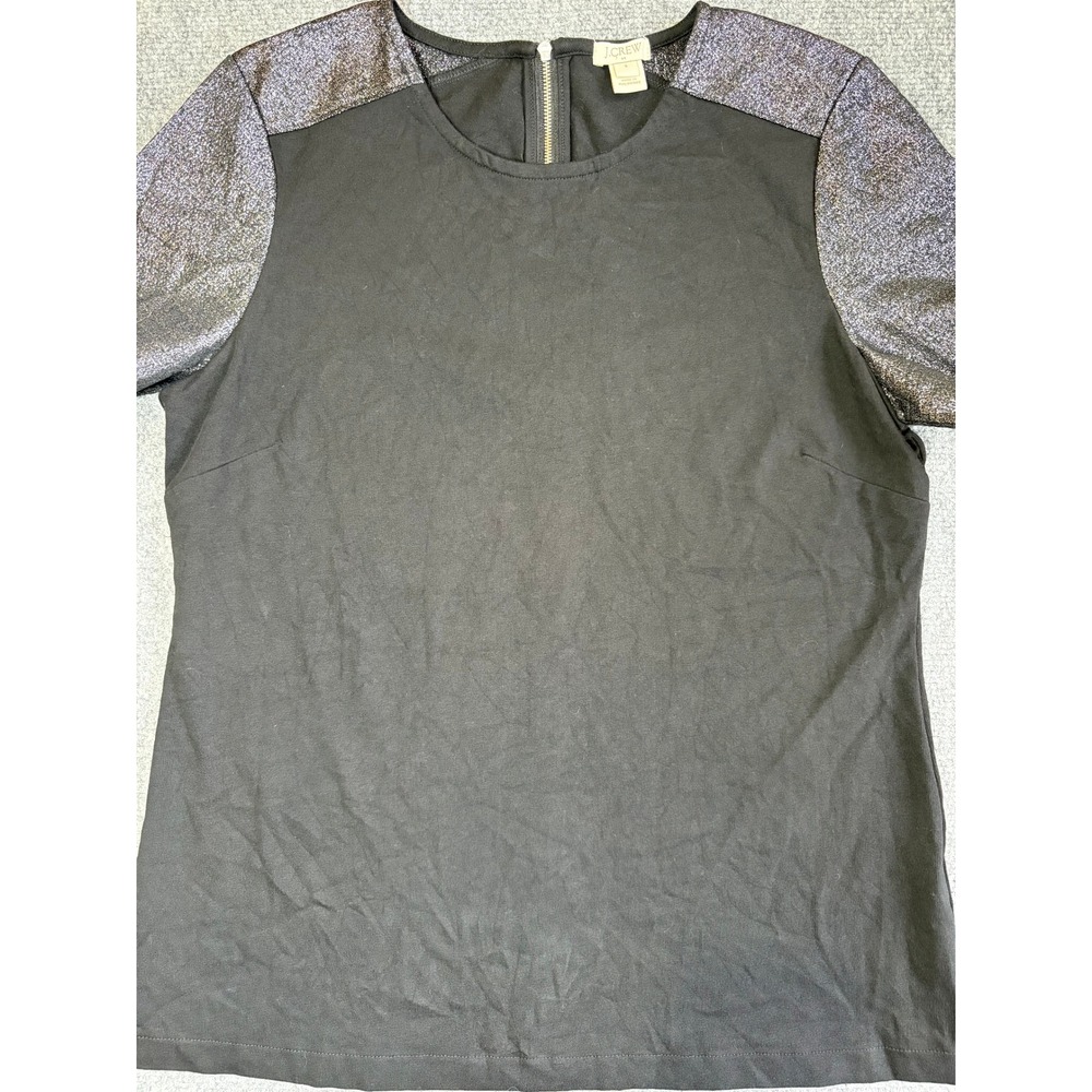 J.Crew Women Black Metallic Silver Sparkle Short Sleeve Zip Back Top E4150 S